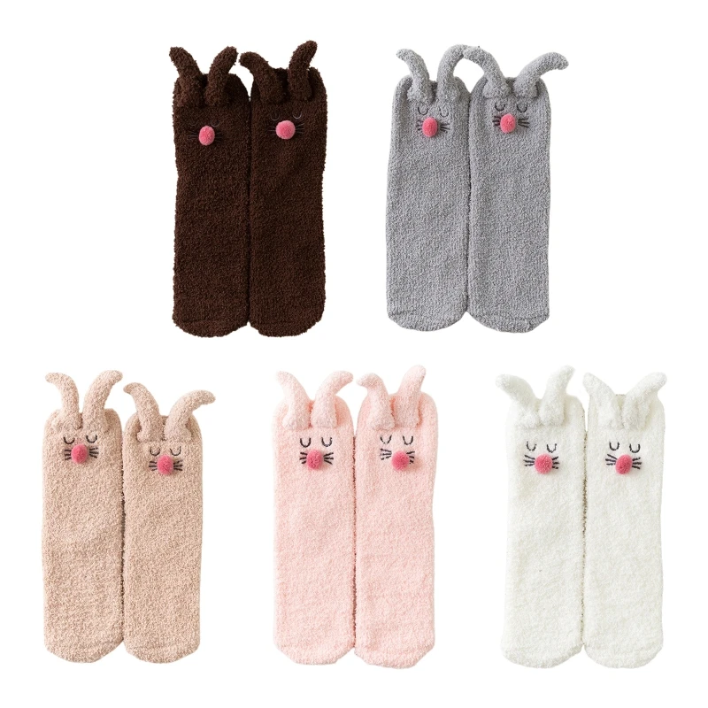 

Women Winter Microfiber Fuzzy Slipper Socks Cartoon Embroidery 3D Rabbit Ears Thick Warm Floor Sleeping Hosiery 449B