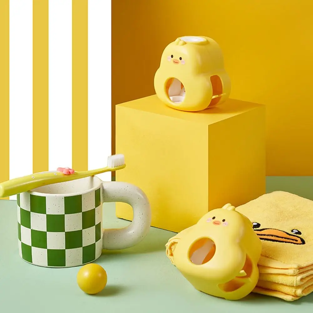Cartoon Yellow Duck Toothpaste Dispenser Wall Mount No Punching Toothbrush Holders Bathroom Accessories 3