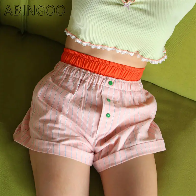 ABINGOO Women Elastic Waist Shorts Casual Summer Patchwork Stripe Print Short Pants for Beach Nightclub Streetwear