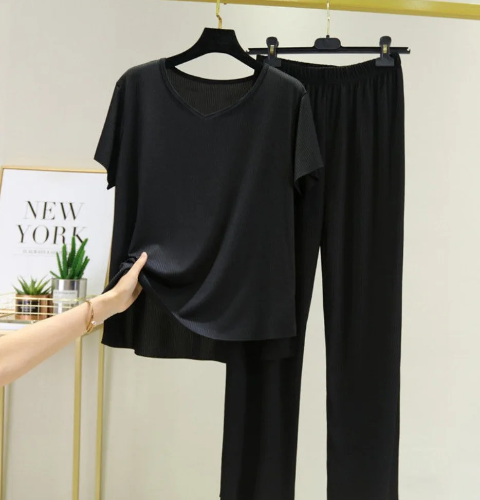 Summer Korean ice silk Modal Loose Homewear Set O-neck Tshirts Short Sleeves and Wide Leg Pants Casual Streetwear Suit All Match