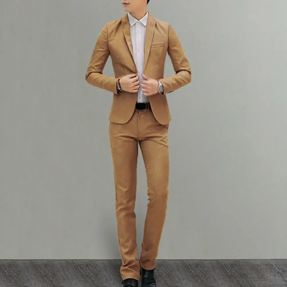 

Men Pants Set Men's Slim Fit Business Suit Set with Single Button Long Pants Spring/autumn Solid Color Lapel Design with Pockets