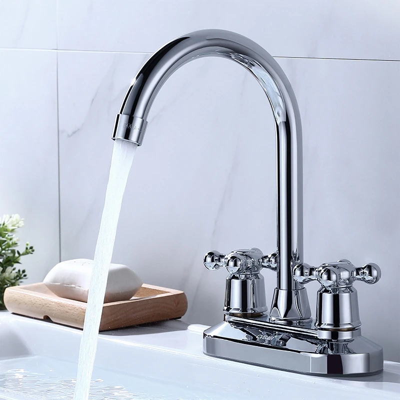 Deck Mount Modern Brass Double Hole Dual Handle Kitchen Faucet Rotary Hot and Cold Basin Sink Water Mixer Bathroom Kitchen Tap