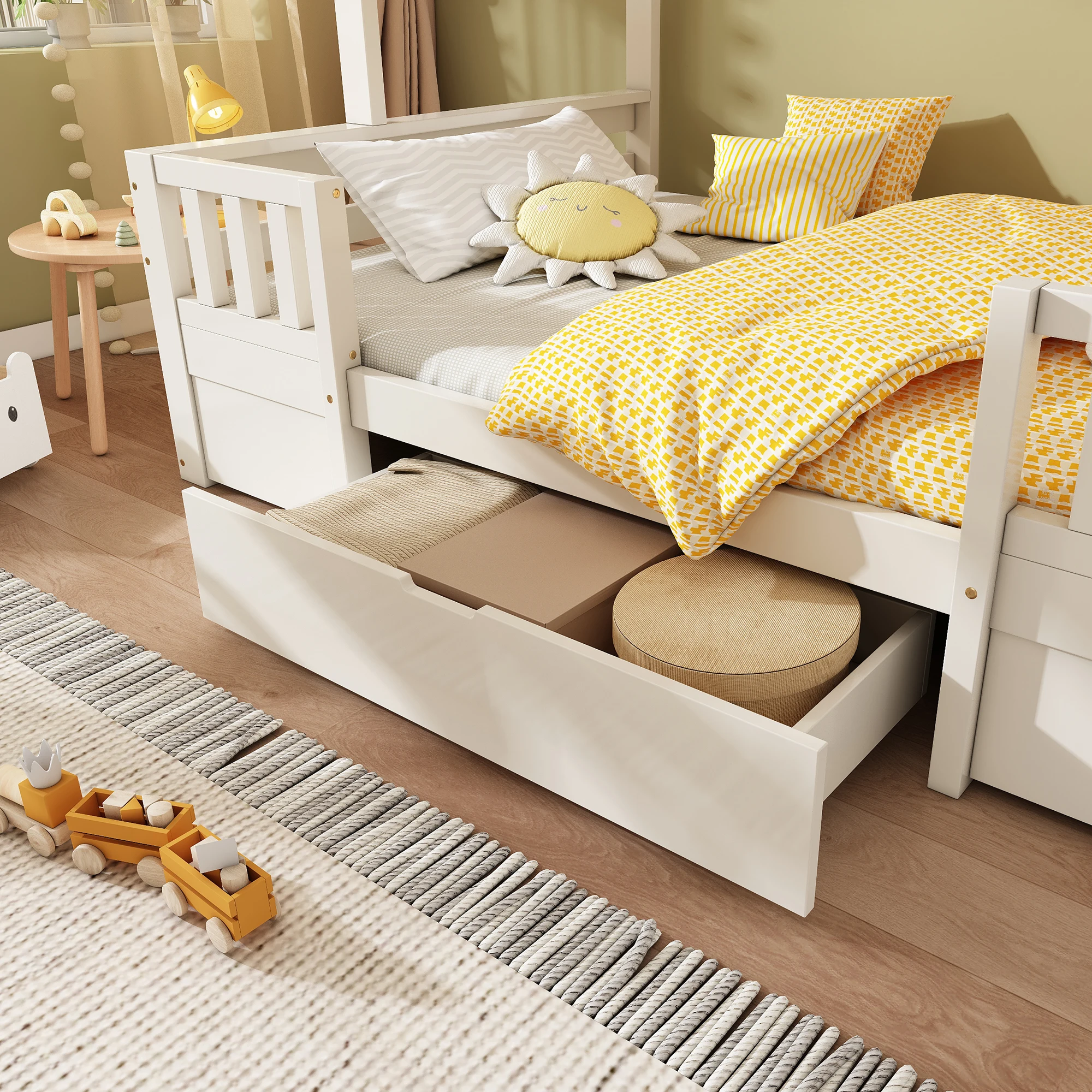 Etagenbett für 3 Kinder 90x200 & 140x200 aus Massivholz mit Tafel, Stauraumtreppe, Schubladen und Leiterschrank – Detail 16