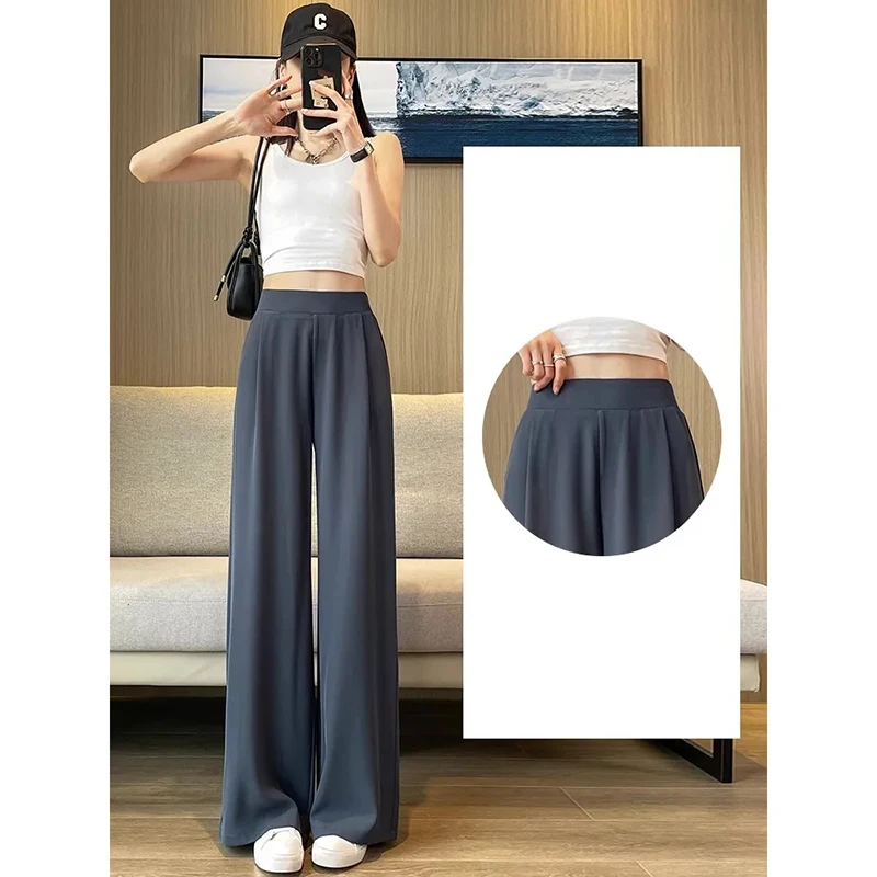 new Summer Casual Wide Leg Pants Women Korean Fashion High Waist Baggy Straight Pants Woman Solid Elastic Waist Full Trousers
