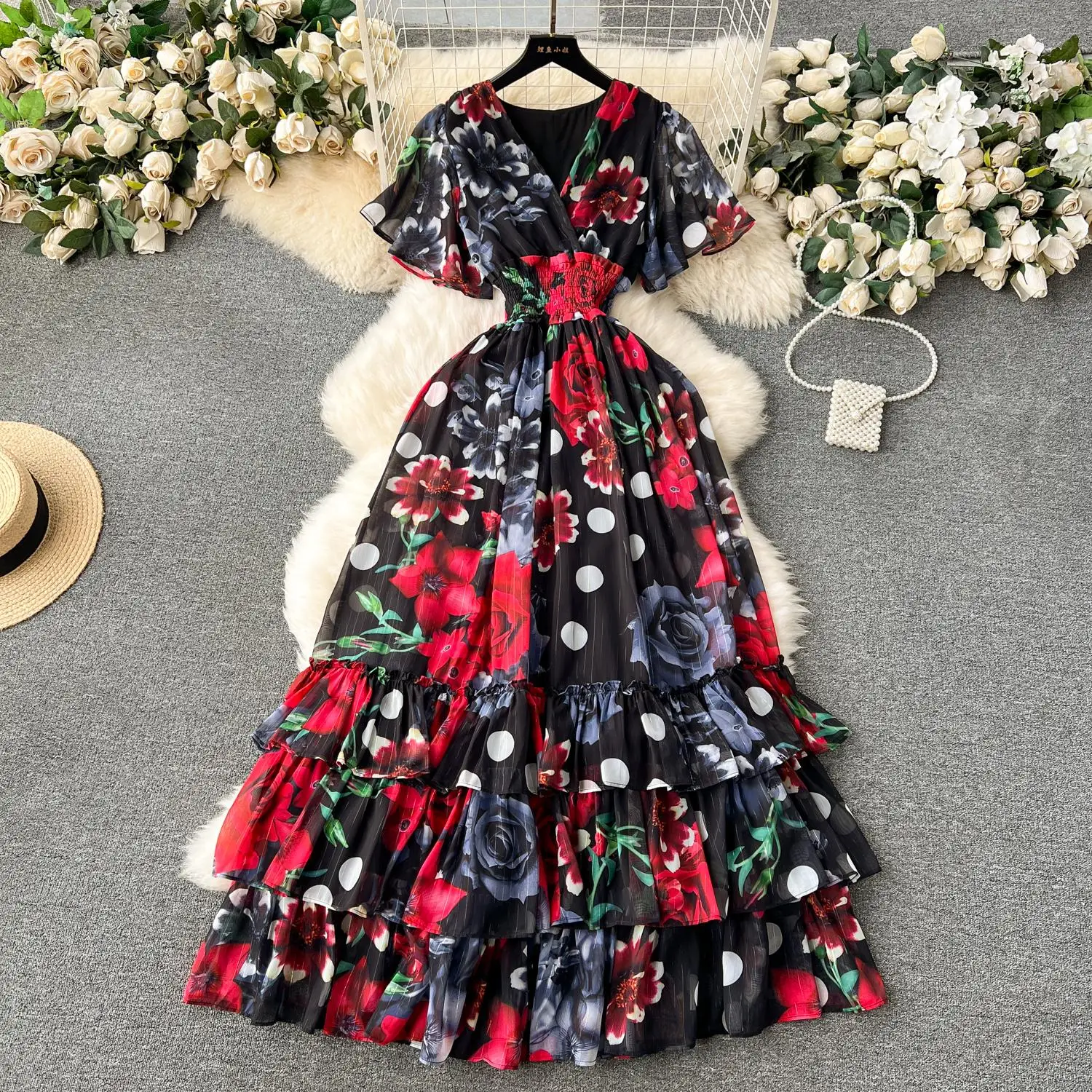 

Gorgeous Flower Multi Layered Cascading Long Cake Dress Women's V Neck Elastic Waist Floral Print Holiday Beach Vestidos 6303