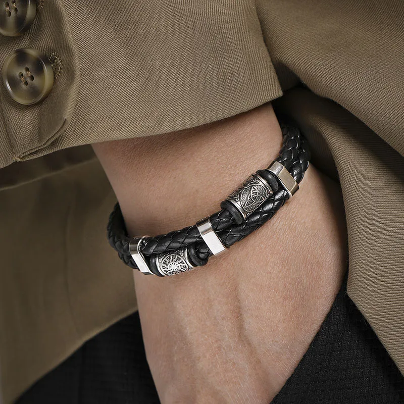 Leather Bracelet for Men Viking Boho Woven Magnetic Clasp