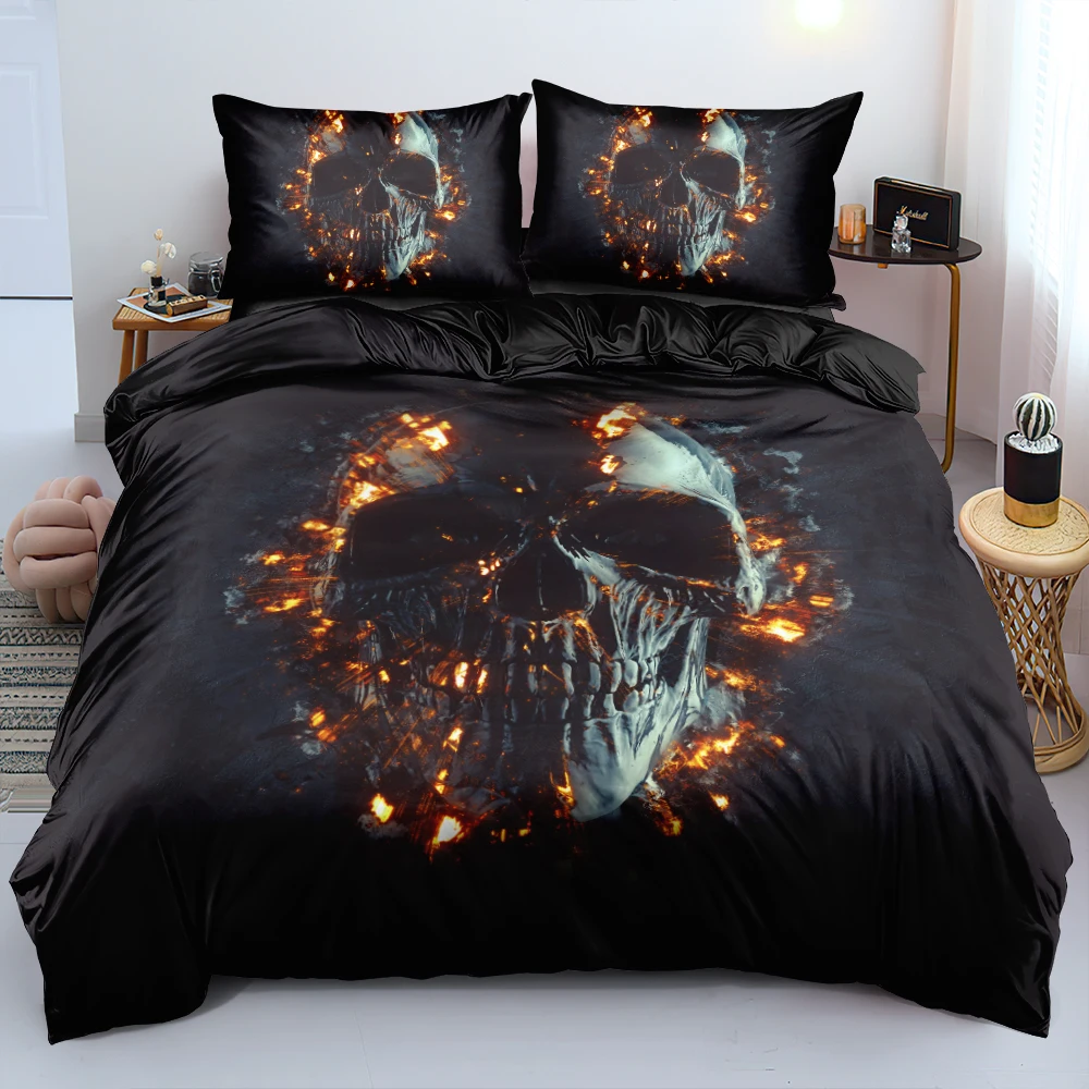 

3D Digital Skull with Fire Duvet Cover Set Black Comforter Cover Set Twin Full Queen King Size 135x200cm Bed Linen Home Textile