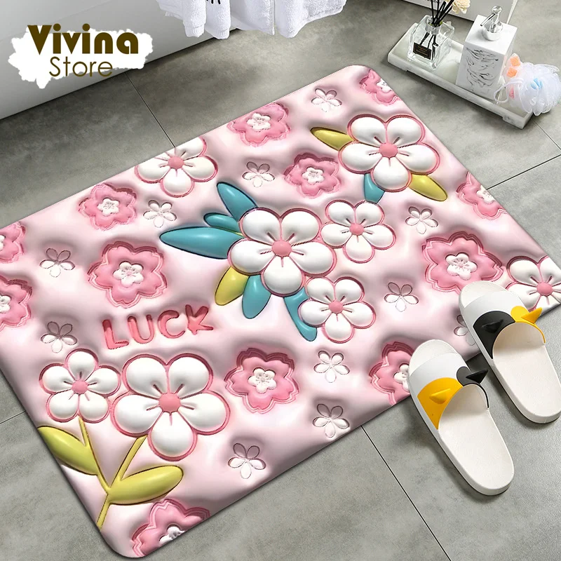 3DFloralBathroomMatAbsorbentQuickDryNonslipCutePinkMatFor