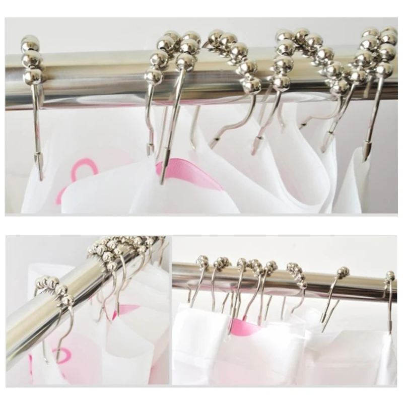 12PCS Metal Shower Curtain Hooks Stainless Steel Five Beaded Rings Hook Set Rustproof Bathroom Curtain Hangers Easy Organization