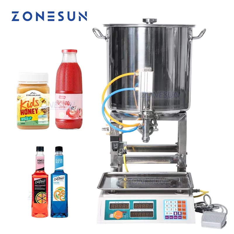 

ZONESUN 33L Automatic Weighing Honey Filling Machine 50g~2500g Filling Scale Stainless Steel Honey Viscous Paste Honey Machine