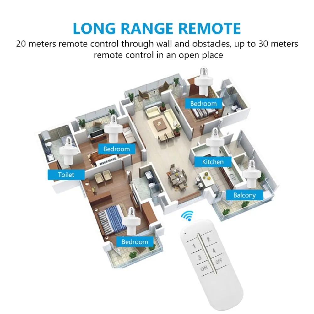 Wireless Remote Control E27 Light Socket Lamp Holder Set 20M Range Remote Control On/Off Switch For E27 Smart Device Light Bulb