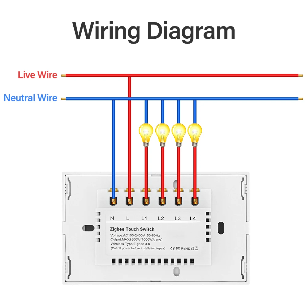 Tuya ZigBee WiFi Smart Light Switch 1 2 3 4 gang 2500W Touch Switch With Neutral Wire Smart Life Control Via Alexa Google Home