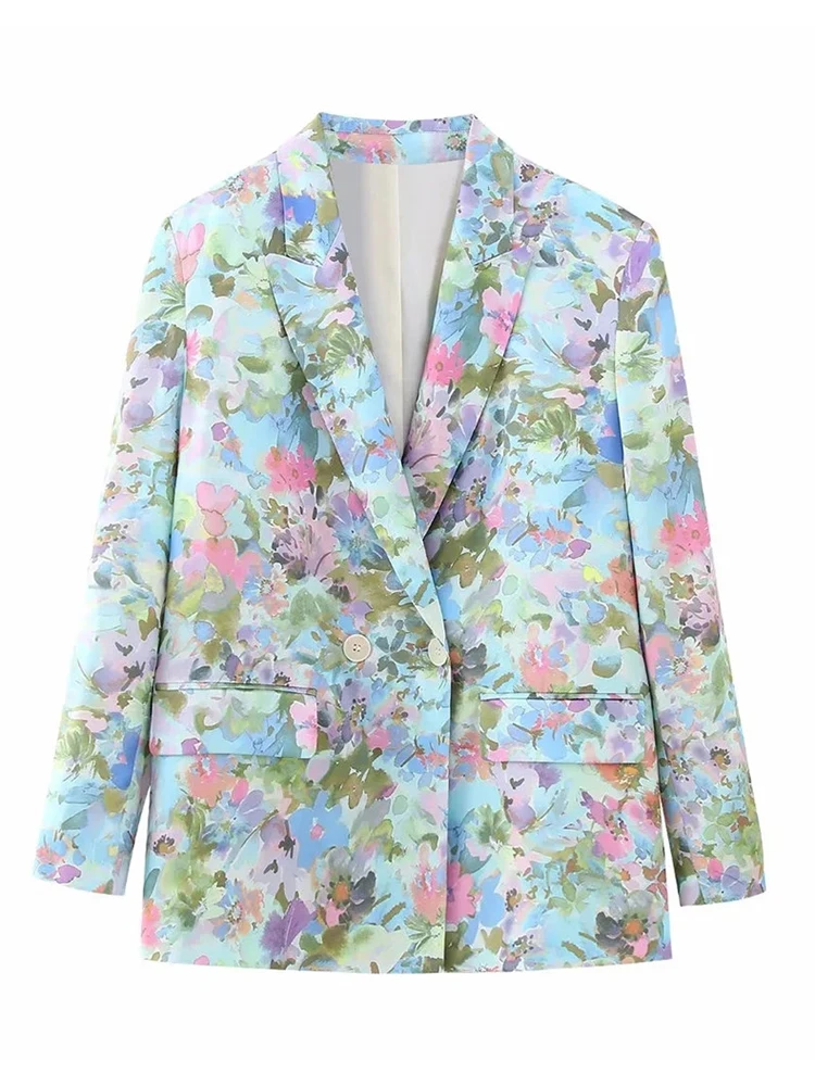

Womens Elegant Flower Print Spring New Loose Blazers Girls Double Breasted Fashion Straight Jackets Female Satin Feeling Outwear