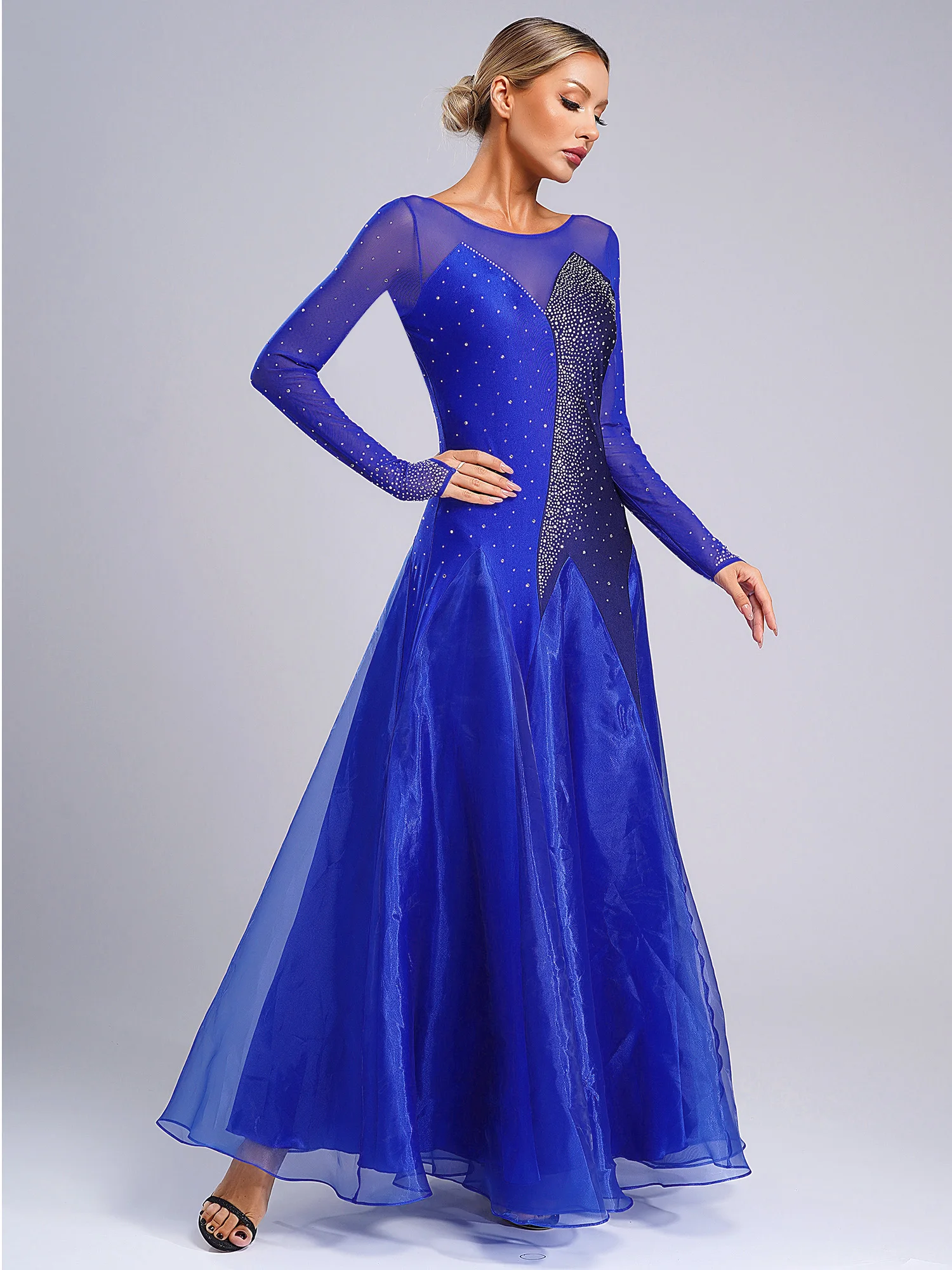 Women Dance Skirt Women Glittery Rhinestones Decor Ballroom Waltz Tango Dancewear Ladies Evening Party Long Dresses Ball Gown Performance Costume