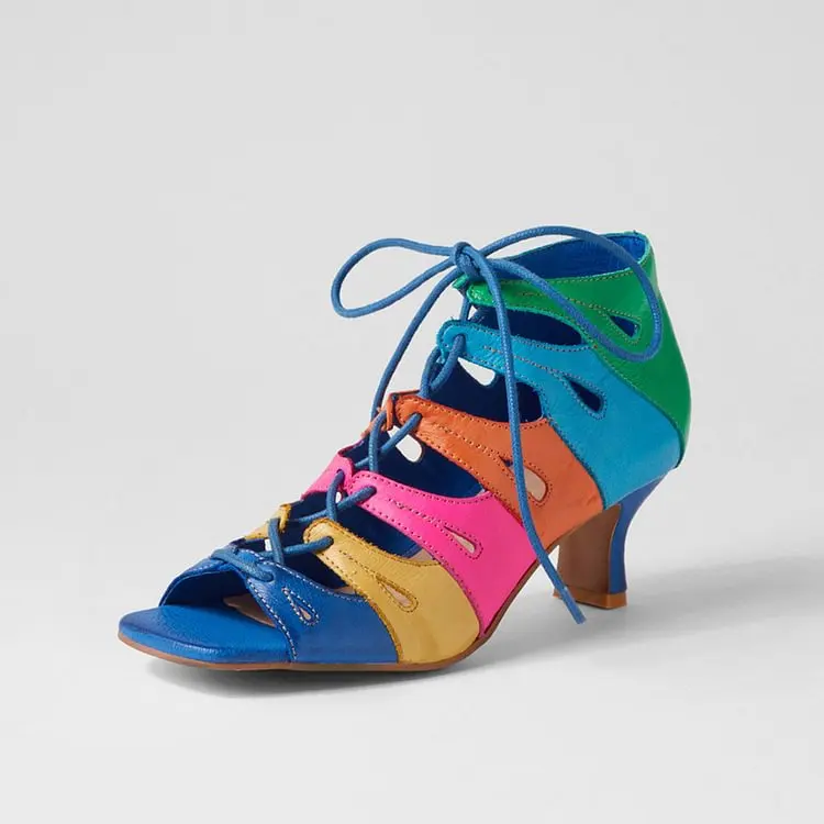 

Multicolor Square Toe Cutout Lace-up Block Heel Sandals Big Size 50