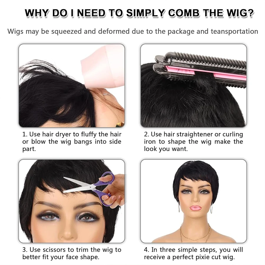 Short Wavy Pixie Cut Wig Human Hair Wig with Bangs for Women Full Machine Made Wigs(6 Inch 150% Density) human hair wigs