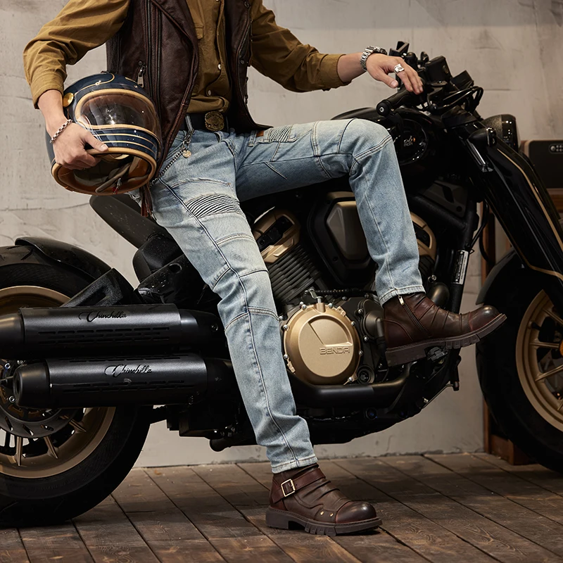 2024 New Retro Nostalgic Stitching Motorcycle Jeans Men\'s Slim Fit Skinny Elastic Trend Skinny Trousers