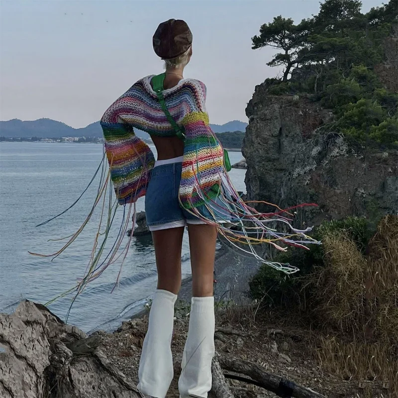 Tassel Contrast Holiday Sweater Pullovers For Women Loose Flared Sleeve Beach Boho Knit Female Cover up Pullover Crop top