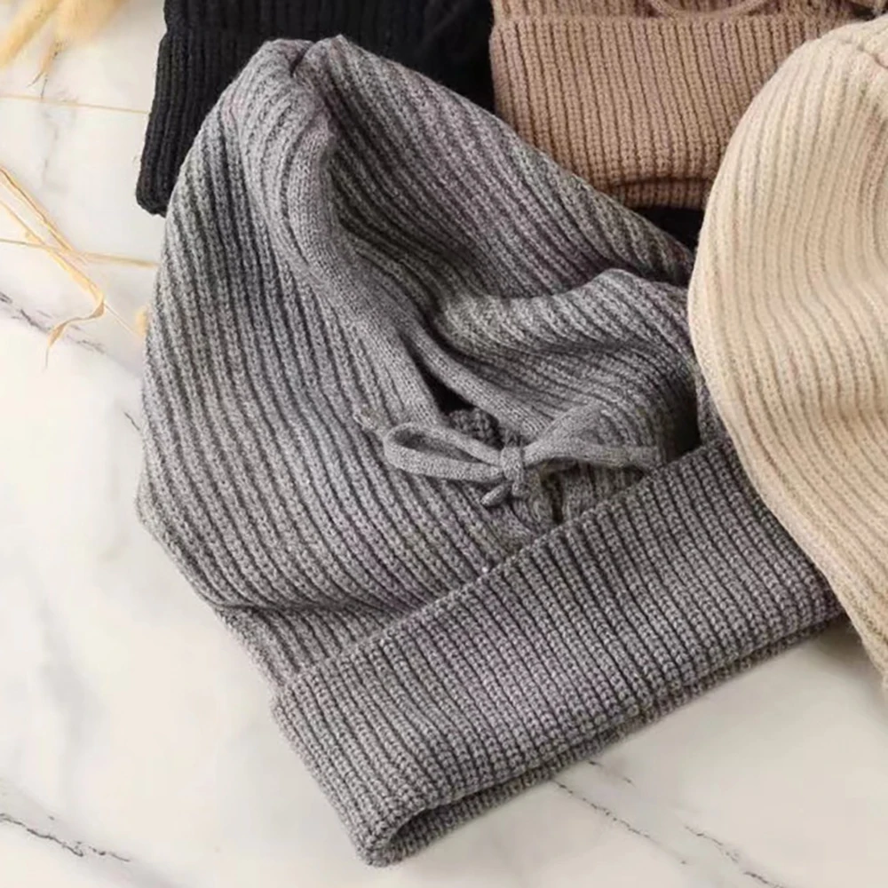2024 Knitted Balaclava Hats Neck Ring Snood Ear Protection Beanies Men Women Hooded Caps Unisex Warm Drawstring 1Pcs Solid Color 2