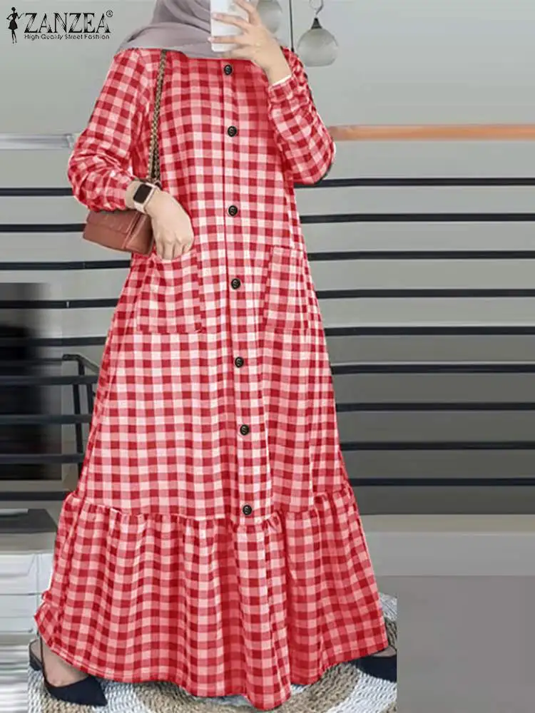 

ZANZEA Autumn Women's Checked Sundress Muslim Long Dress Robe Femme Long Sleeve Vestidos IsIamic Turkey Abaya Oversize Kaftan