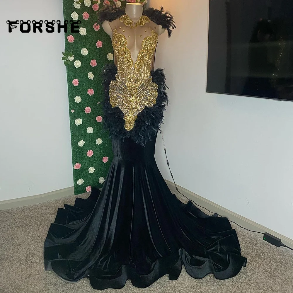 

Sparkly Black Mermaid Prom Dress with Feathers Crystal Beaded Sequins Glitter Birthday Party Gowns For Women