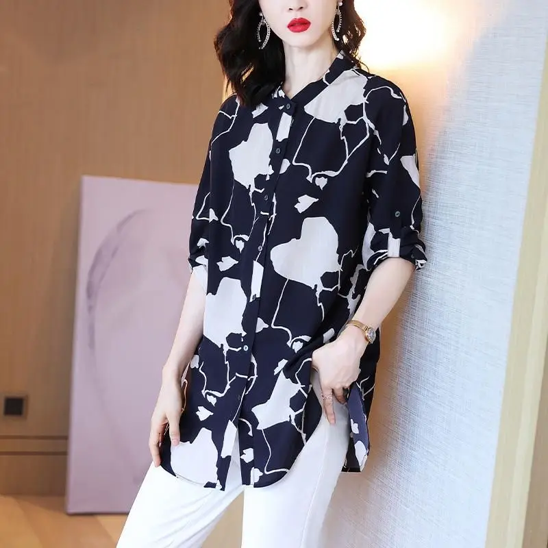 Spring Summer New Fashion Elegant Polo Collar Blouses Casual Versatile Western Commuting Clothes Printed Loose Women's Shirts