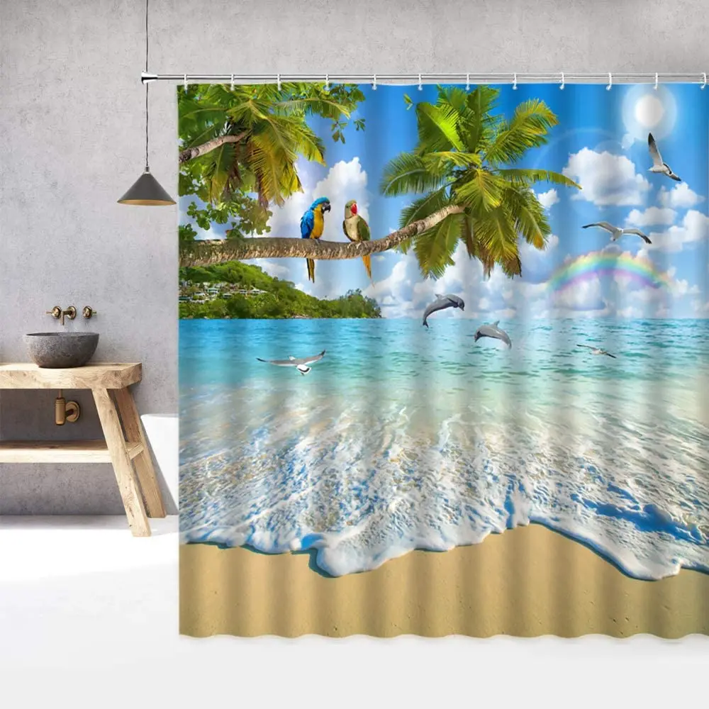 

Ocean Beach Shower Curtain,Tropical Island Natural Scenery Coconut Tree Parrot Dolphin Bird Home Decor Fabric Bath Curtain Hook