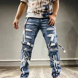 Techwear 2023 Spring New Mens Patch Webbing Denim Trousers Foot Zipper Ripped Jeans Hip Hop Vintage Skinny Jeans Man Cargo Pants