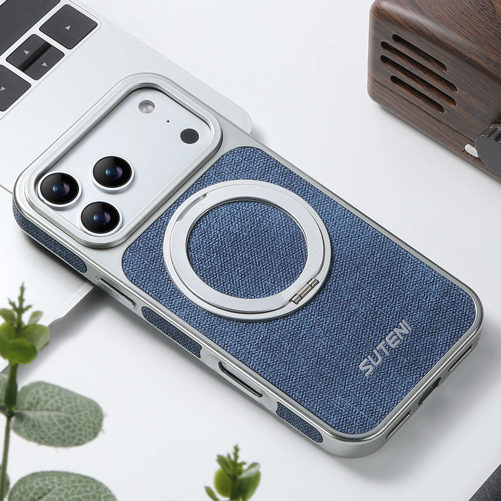 Leather Magnetic Phone Case with 360° Rotating Stand & Wireless Charging Compatibility