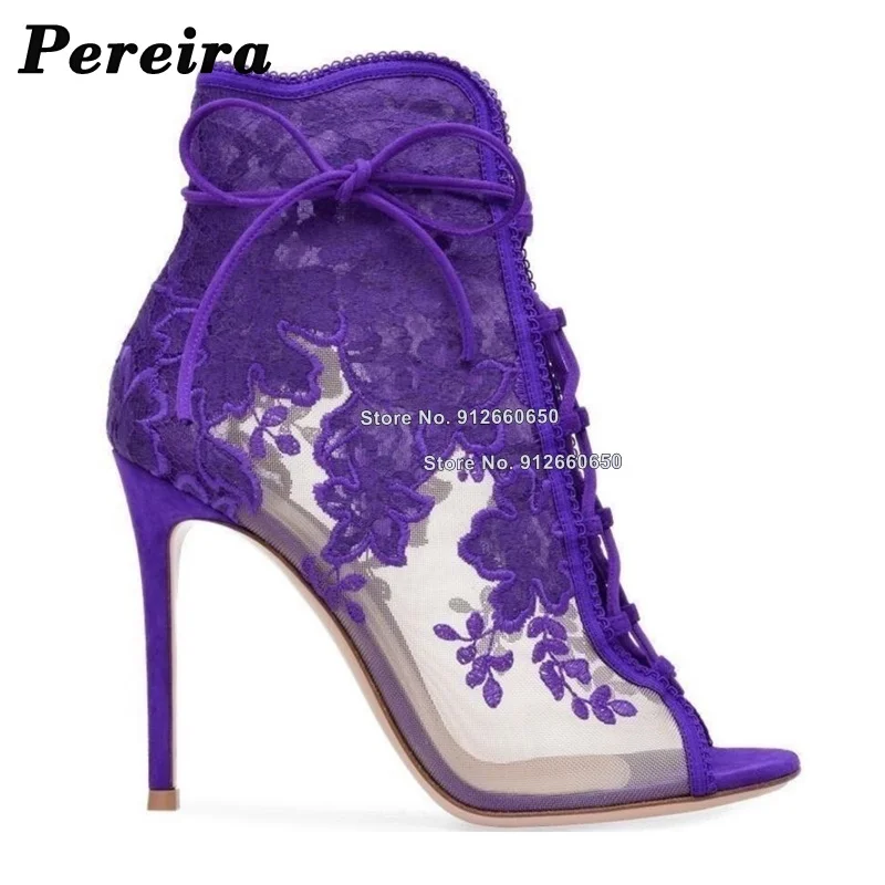 

Pereira Purple Lace Air Mesh Ankle Boots Flower Decor Hollow Thin High Heels Peep toe Lace up Sandals Boots Women Wedding Shoes