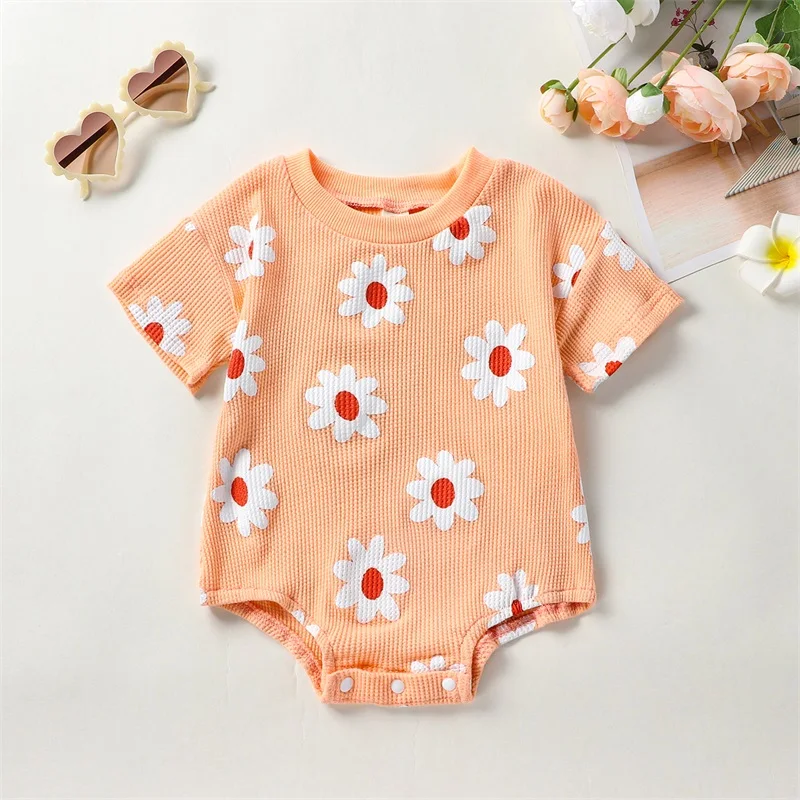 

EWODOS 0-24Months Infant Baby Girls Sweet Bodysuit Flower Print Short Sleeve Crew Neck Baby Bodysuits Summer Casual Jumpsuits