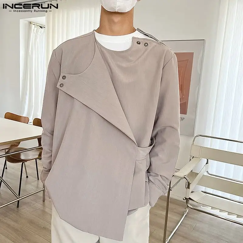 

INCERUN 2023 Men Irregular Shirt Solid Loose O-neck Long Sleeve Streetwear Men Clothing Korean Fashion Casual Camisas S-5XL