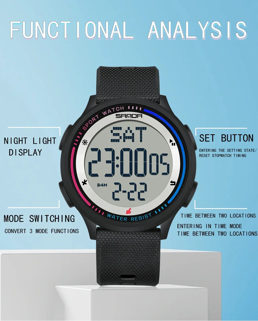 SANDA 6158 Men LED Digital Military Watch Man Sports Watches Outdoor 5Bar Waterproof Wristwatches Male Clock Relogio Masculino 4