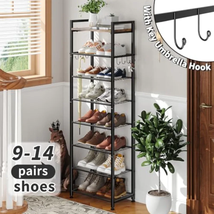 8 Tiers Shoe Rack 16 Pairs Tall Wooden Plank Shoe Shelf with Hooks for Closet Entryway Organizer Sturdy Free Standing Shoe Stor