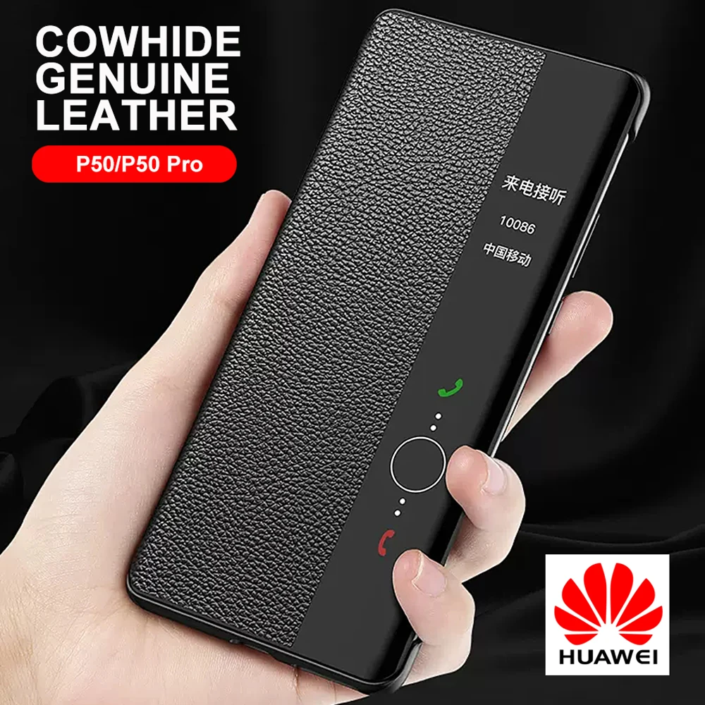 

Cowhide Genuine Flip Leather Case For Huawei P50 Pro Business Smart Sleep Wake Cell Phone Cover Cases For P 50 Pro Capa