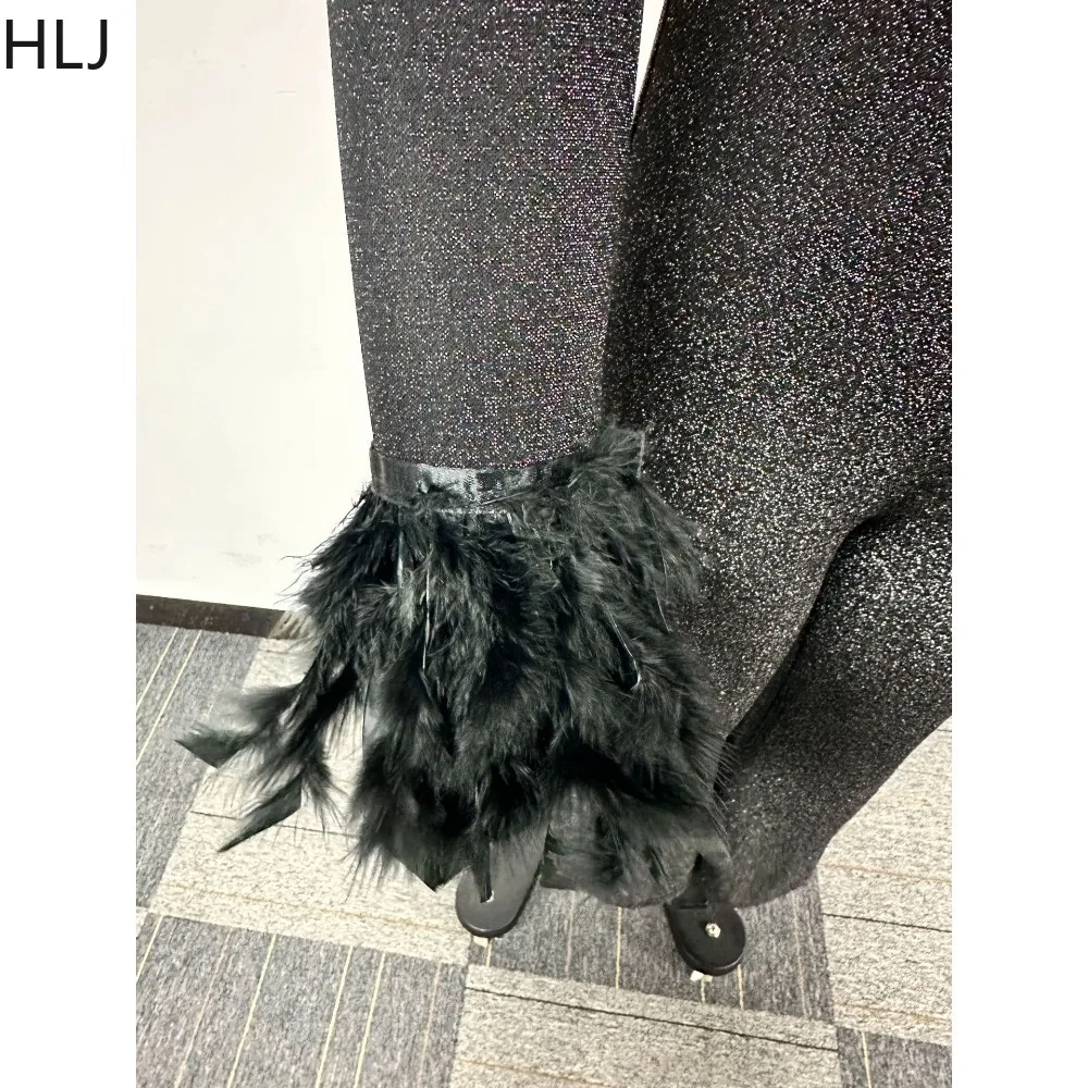 HLJ Fashion One Shoulder Sparkling Feather Jumpsuits Women Long Sleeve Slim Straight Pants Playsuits Sexy Party Club Overalls
