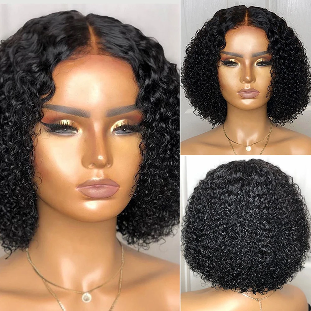 Short Afro Curly Bob Synthesis Hair Wigs With Bangs For Women Brazilian Remy Hair Wear and Go Natural Brown Kinky Curly Wigs