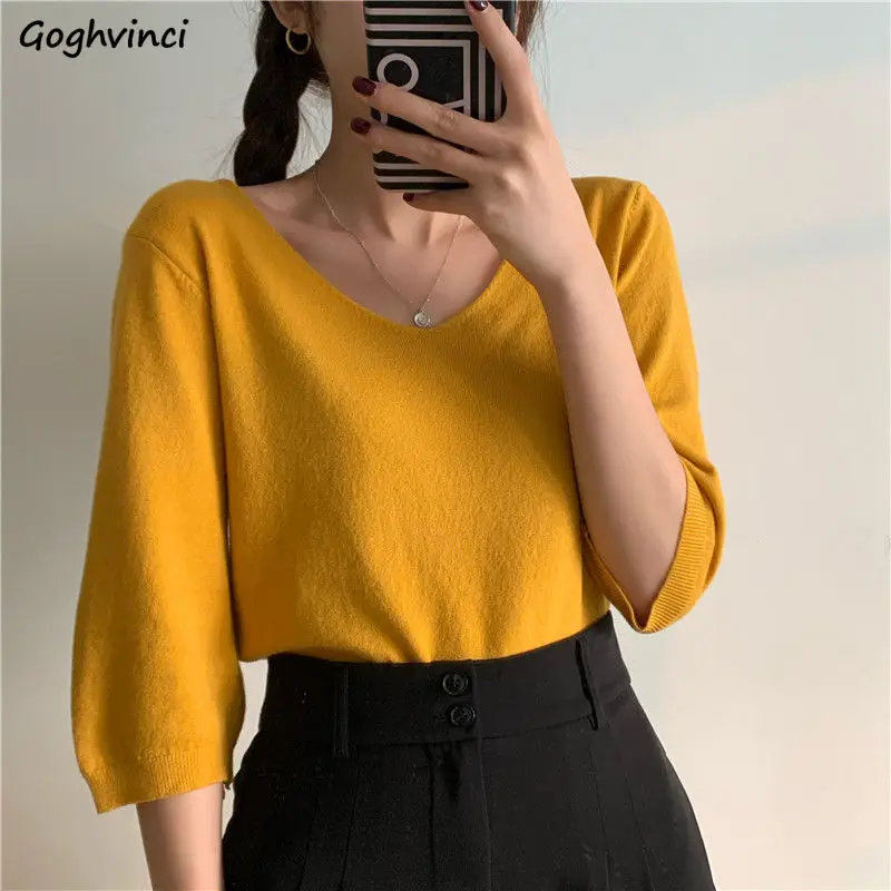 Women Half Sleeve T-shirts V-neck Solid Colorful Knitting Elegant Office Lady Simple Korean Style Females Soft Loose Tops Basic | Женская