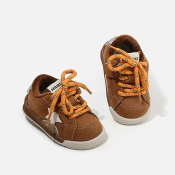 Children's and Girls' Retro Star Board Shoes with Velvet Step Shoes Winter Casual Sports Baby Soft Soled Boys' Shoes