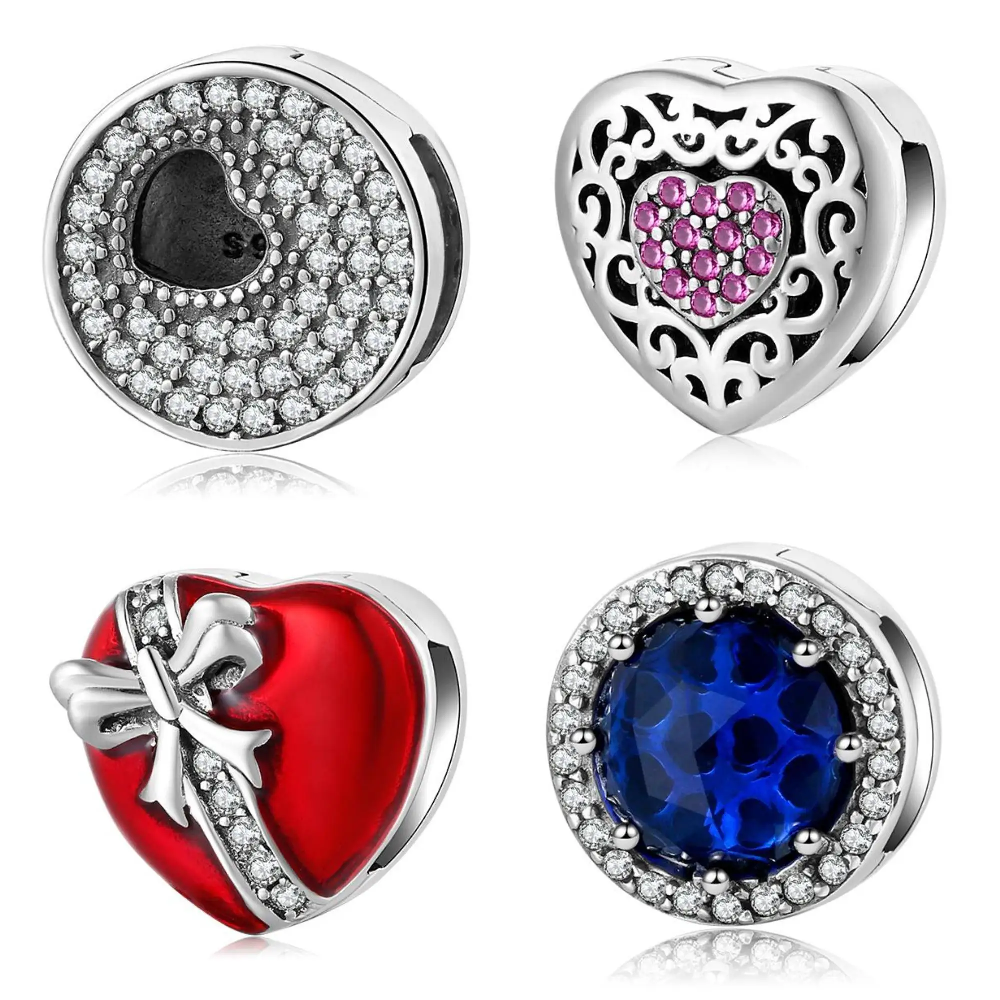 

100% High Quality Heart Shaped Gift Bow Blue Zircon 925 Sterling Silver Clips Bead Fit Original Reflections Charm Bracelet Women