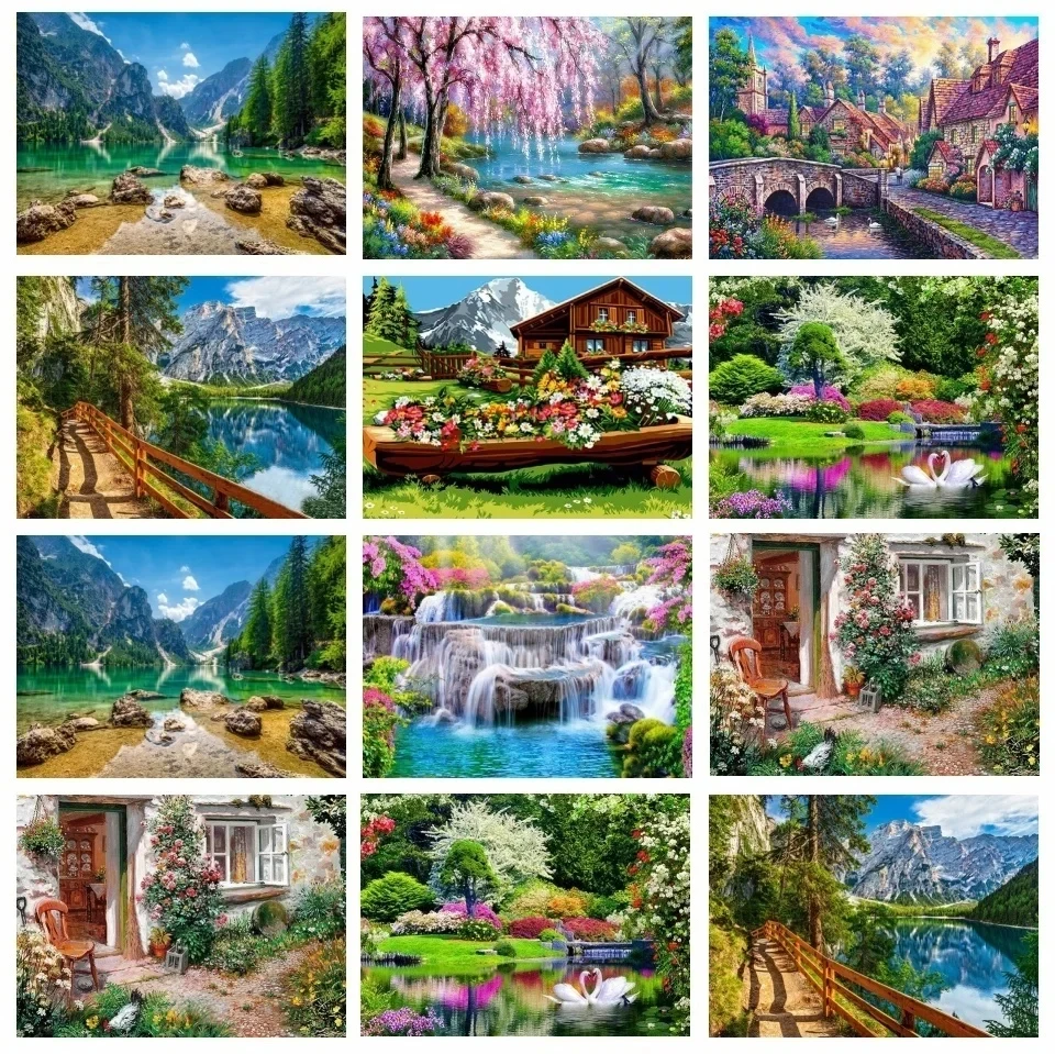 AZQSD 다이아몬드 페인팅 산 다이아몬드 자수 풀 드릴 강 풍경, Mosia 수제 선물, 5D 홈 장식 크로스 스티치