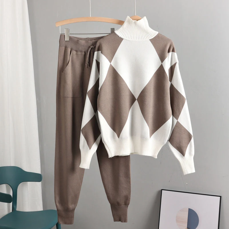 Geomatric Argyle Sweater Knit 2 Piece Sets Autumn Women Casual Loose Turtleneck Pullovers Top+Knit Harem Pants Suits Tracksuits