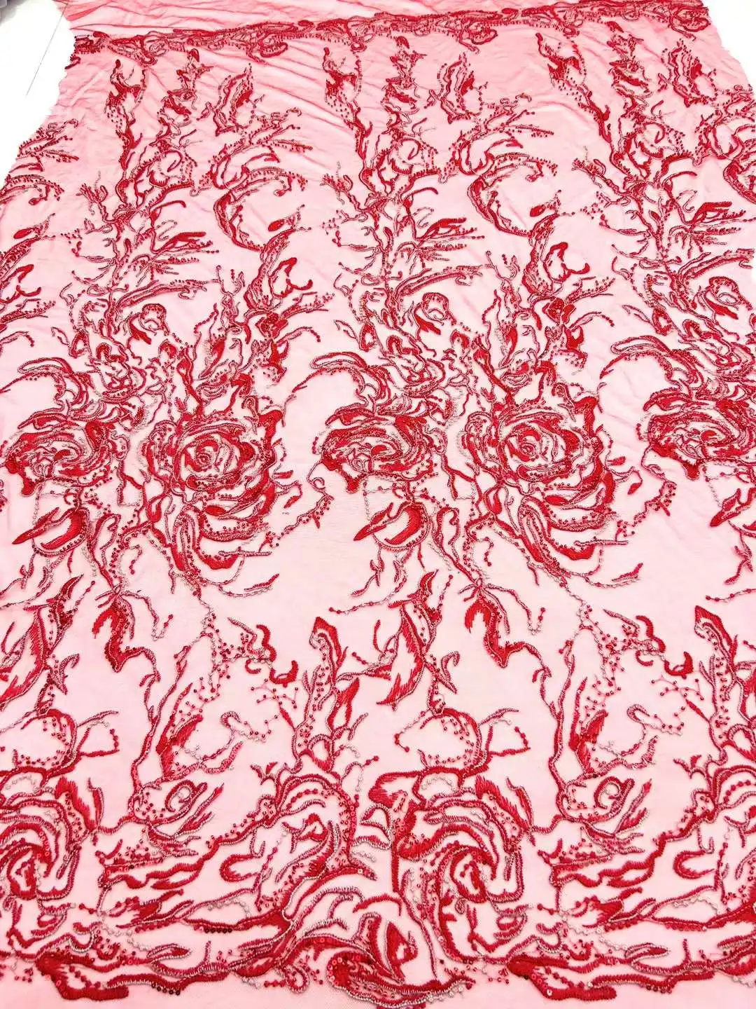 

Popular Red Lace Beads Flat- Embroidery French tulle net African Fabric Lace For Party Evening Dresses Weddings