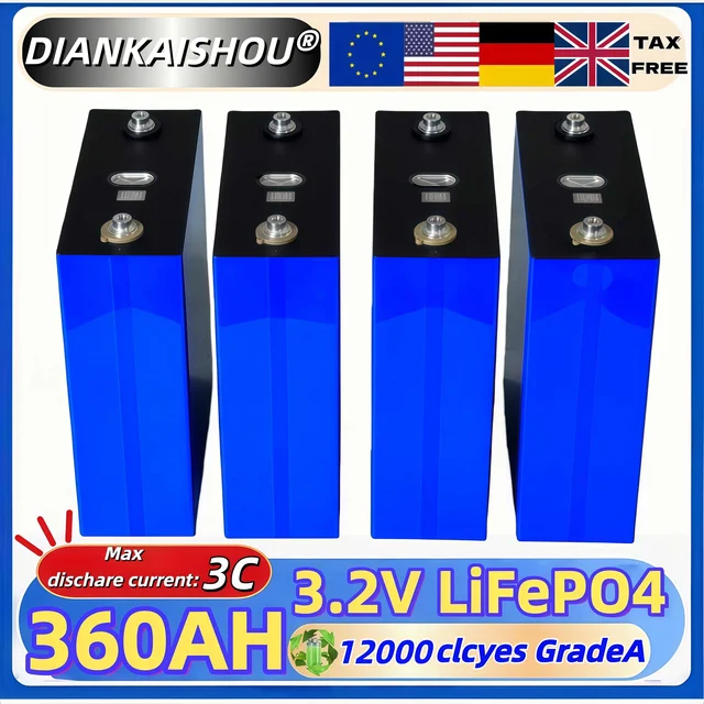 Nouvelles cellules LiFePO4 3.2V 360Ah pour système solaire 48V DIY, idéales pour véhicules électriques, bateaux et camping, sans taxes. 1