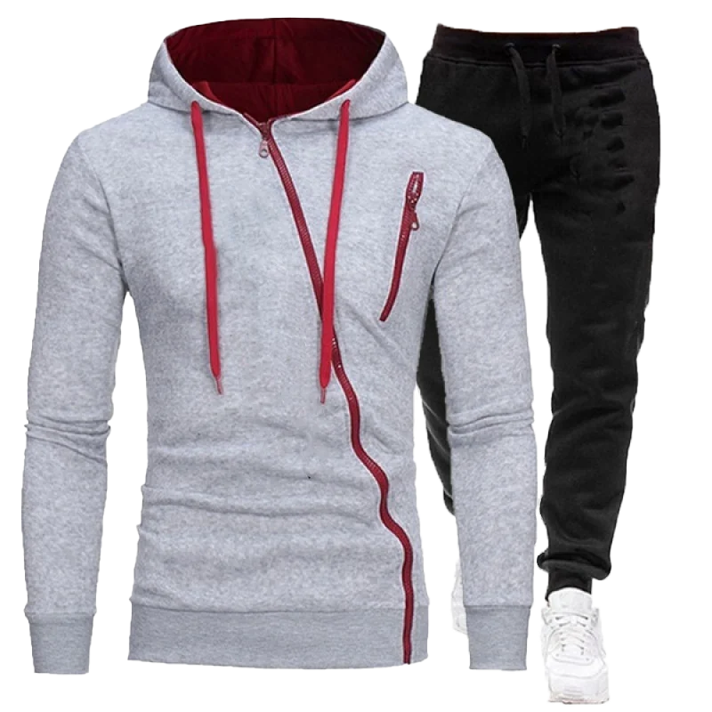 Men's Personalized Diagonal Zipper Hoodie Set Sportswear Set Casual Men's Jacket + Jogging Pants 2-piece Sportswear