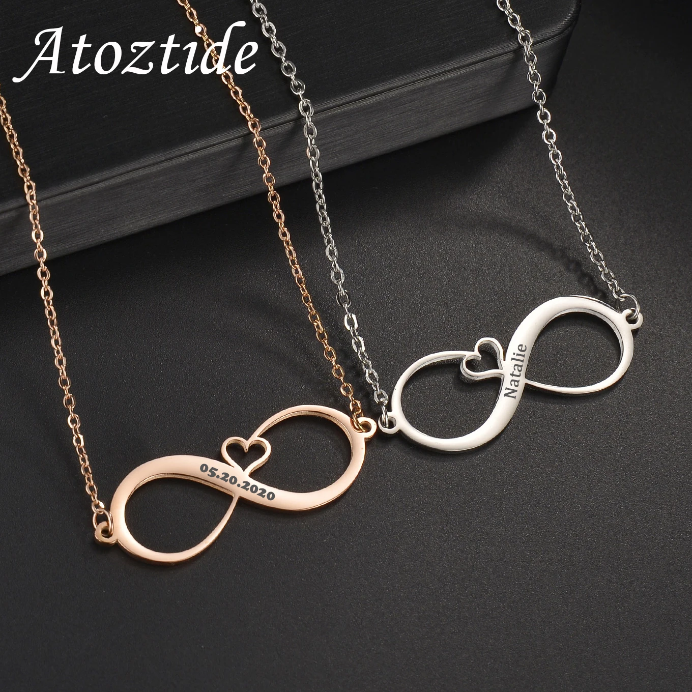 

Atoztide Personalized Infinity Heart Engrave Name Date Necklace Stainless Steel for Women Link Chain Pendant Jewelry Gift