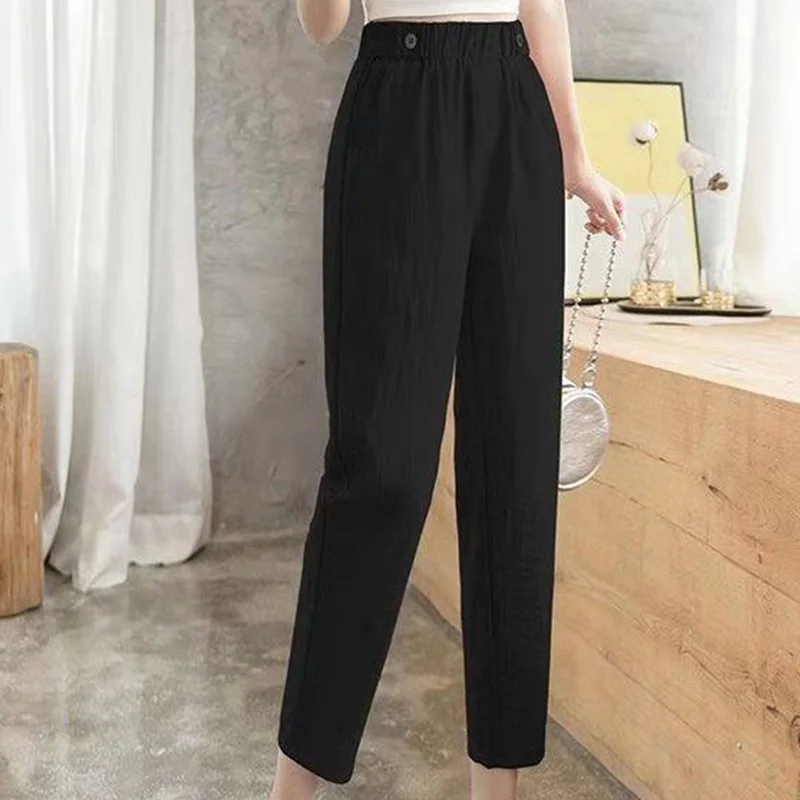 Summer Thin Women's Casual New Ice Silk Cotton Hemp Cropped Trousers Solid Color Loose and High Waisted Versatile Harlan Pants