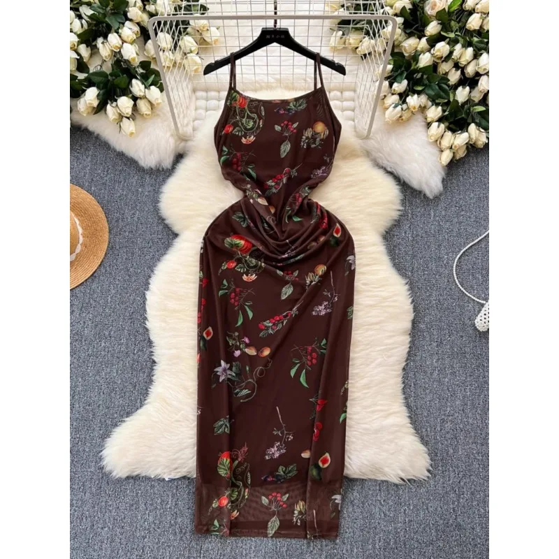 

Vintage Mesh Long Dress Women Fashion Pure Desire Slim-fit Dress Women Elegant Printed Sling Hip Hot Girl Maxi Dress