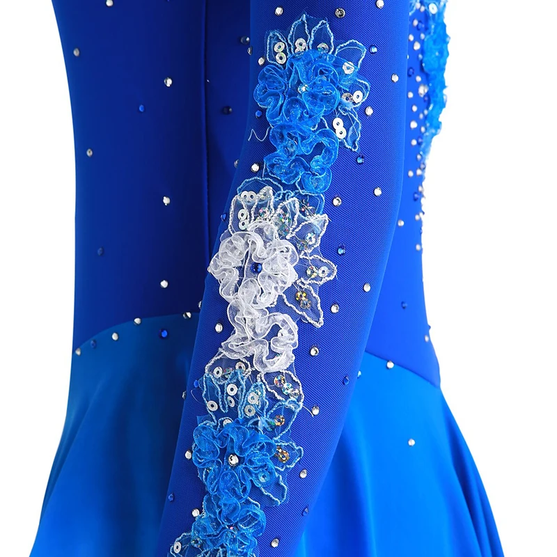 Figure Skating Dress Flower Long Sleeve Women Girls Competition Ice Skating Dress Purple Performance Dancewear With Rhinestone