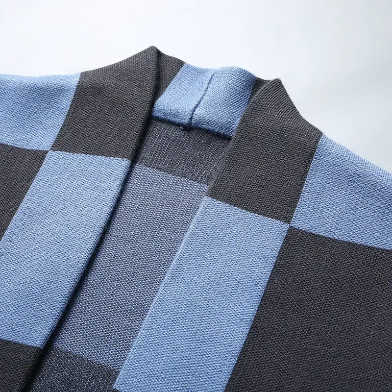 Men's Gray Cardigan, Men's Yellow Plaid Sweater In Autumn and Winter, Korean Fashion Loose Cardigan Jacket, Blue Spring Sweater